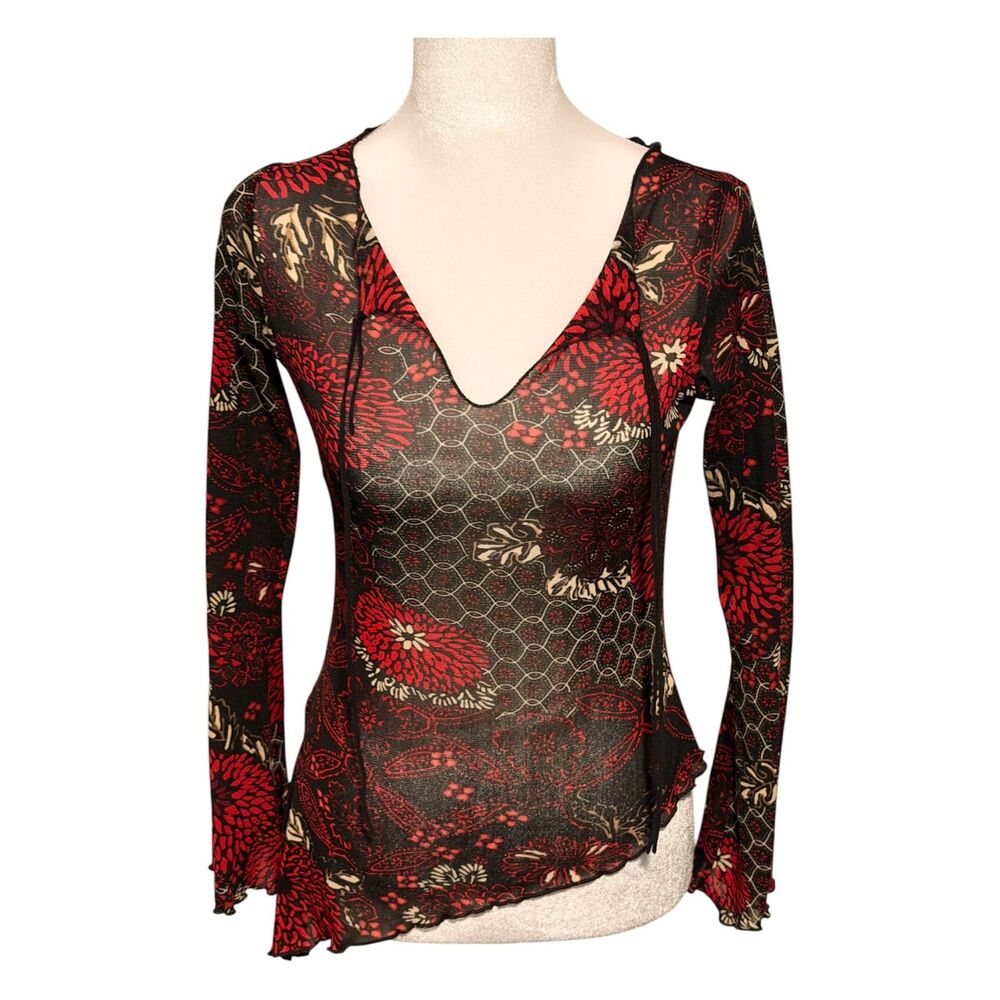 Y2K Mesh Asymmetrical Hem Long Sleeve Top Sheer Stretch Clubwear Vintage